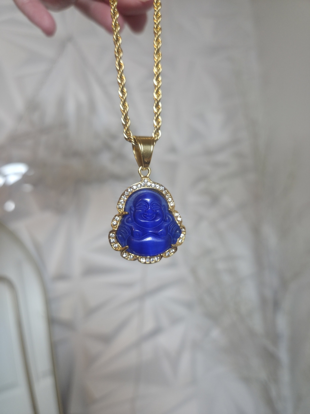 Gold-Tone Blue Buddha Pendant Necklace with Crystal Halo